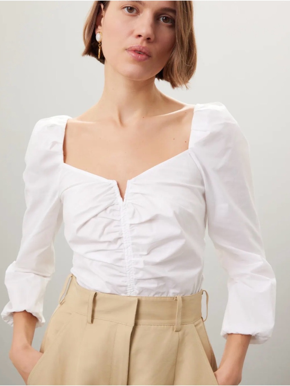 Veronica Beard White Zhou Ruched Puff-Sleeve Top